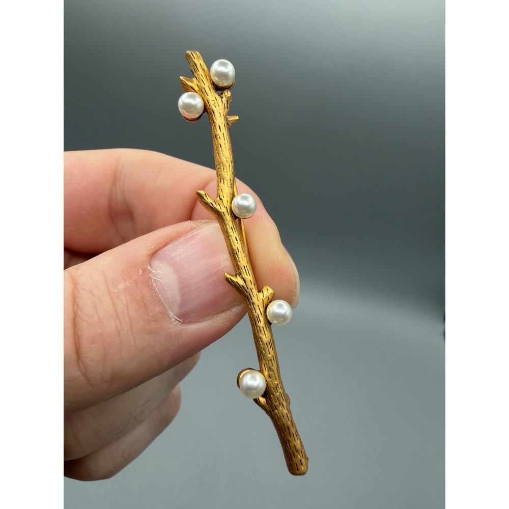 Vintage DANECRAFT Gold Tone Branch Brooch Faux Pearl Nature Twig Pin #1105